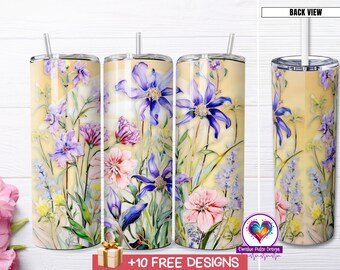 Diseño de sublimación para vaso con flores silvestres: Acuarela floral PNG (descarga digital)