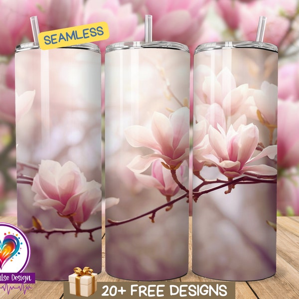 Magnolia Bloom Sublimation Design, Tumbler Wrap For 20 oz Skinny Tumbler, Magnolia Floral Seamless PNG, Instant Digital Download