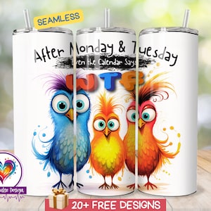 Calendario WTF Tumbler Wrap, Vaso de sublimación flaco de 20 oz, Diseño divertido sin costuras, Descarga digital Cartoon Birds PNG