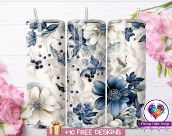 Blauwwitte bloemenbeker wrap: 20oz mager bekerontwerp (digitale download)