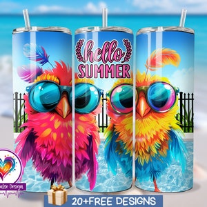 Cartoon Birds Hello Summer Tumbler Wrap, Vaso de sublimación de 20 oz, Diseño de ambiente de verano, Vaso de piscina Descarga digital PNG, Popular ahora mismo