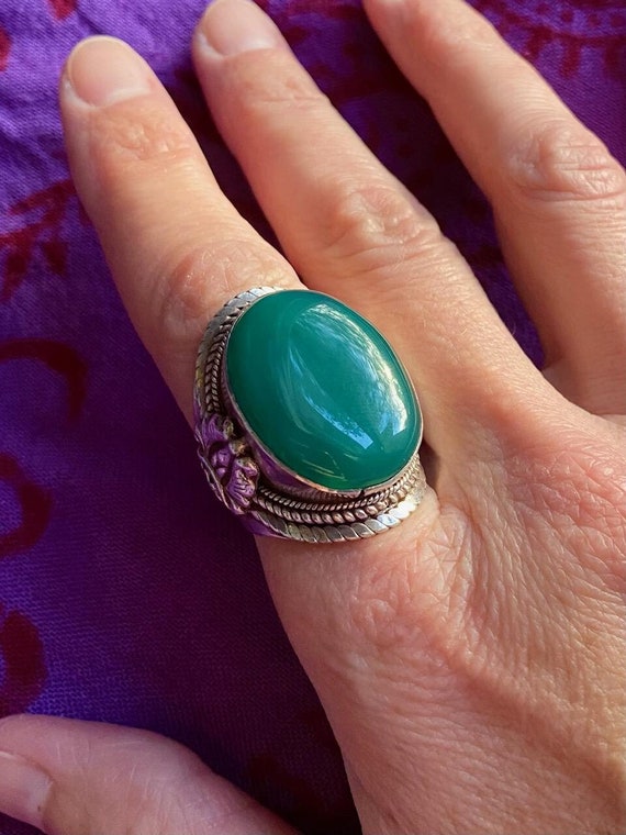 Green Onyx and Sterling Silver Nepali Lotus Ring
