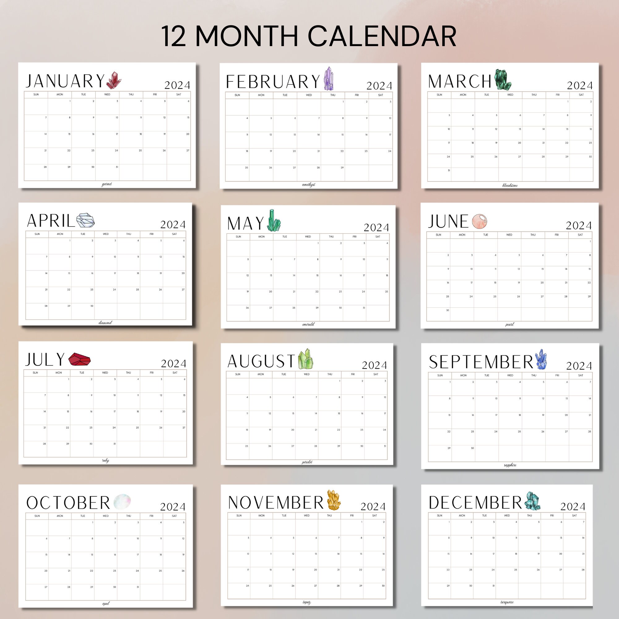 2024 Birthstone Calendar Printable 2024 Calendar Monthly Etsy Australia