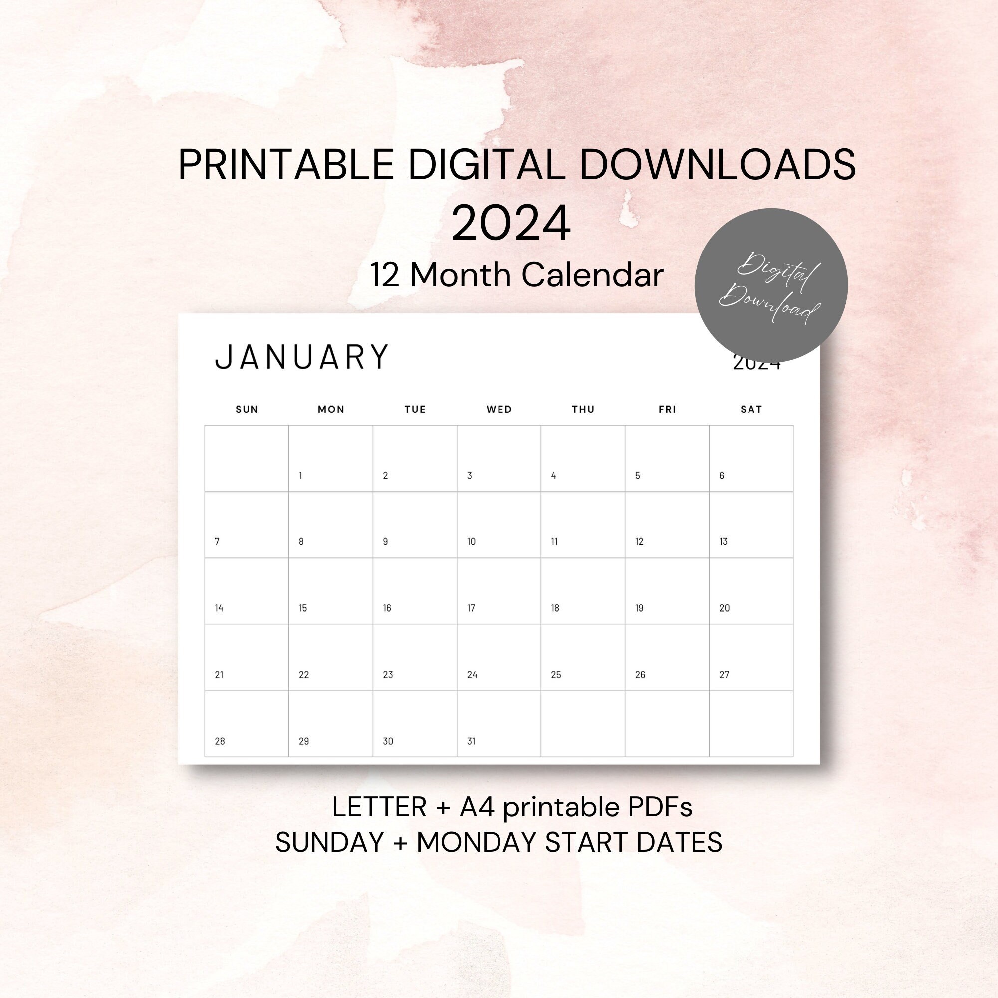 Printable 2024 Calendar Monthly Calendar Digital Download - Etsy