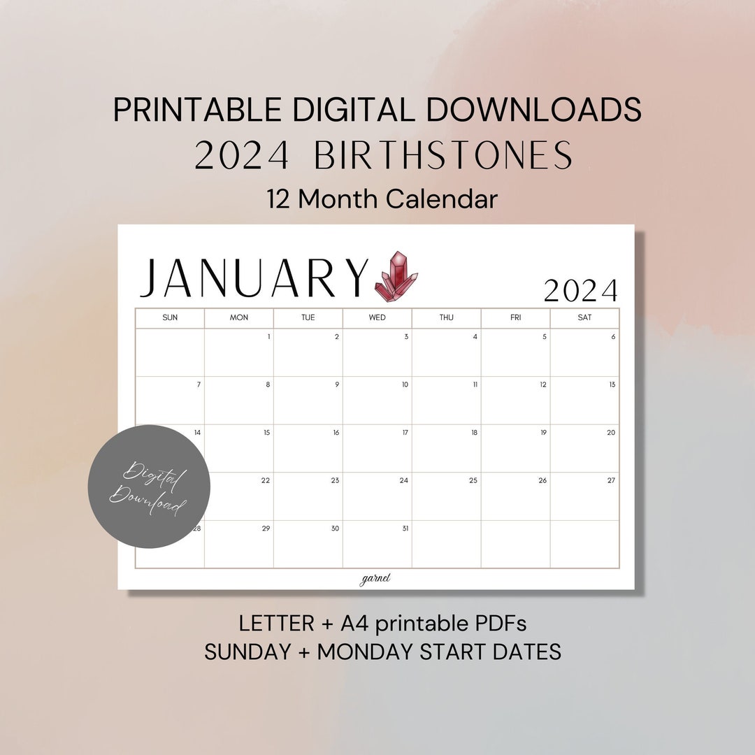 2024 Birthstone Calendar, Printable 2024 Calendar, Monthly Calendar