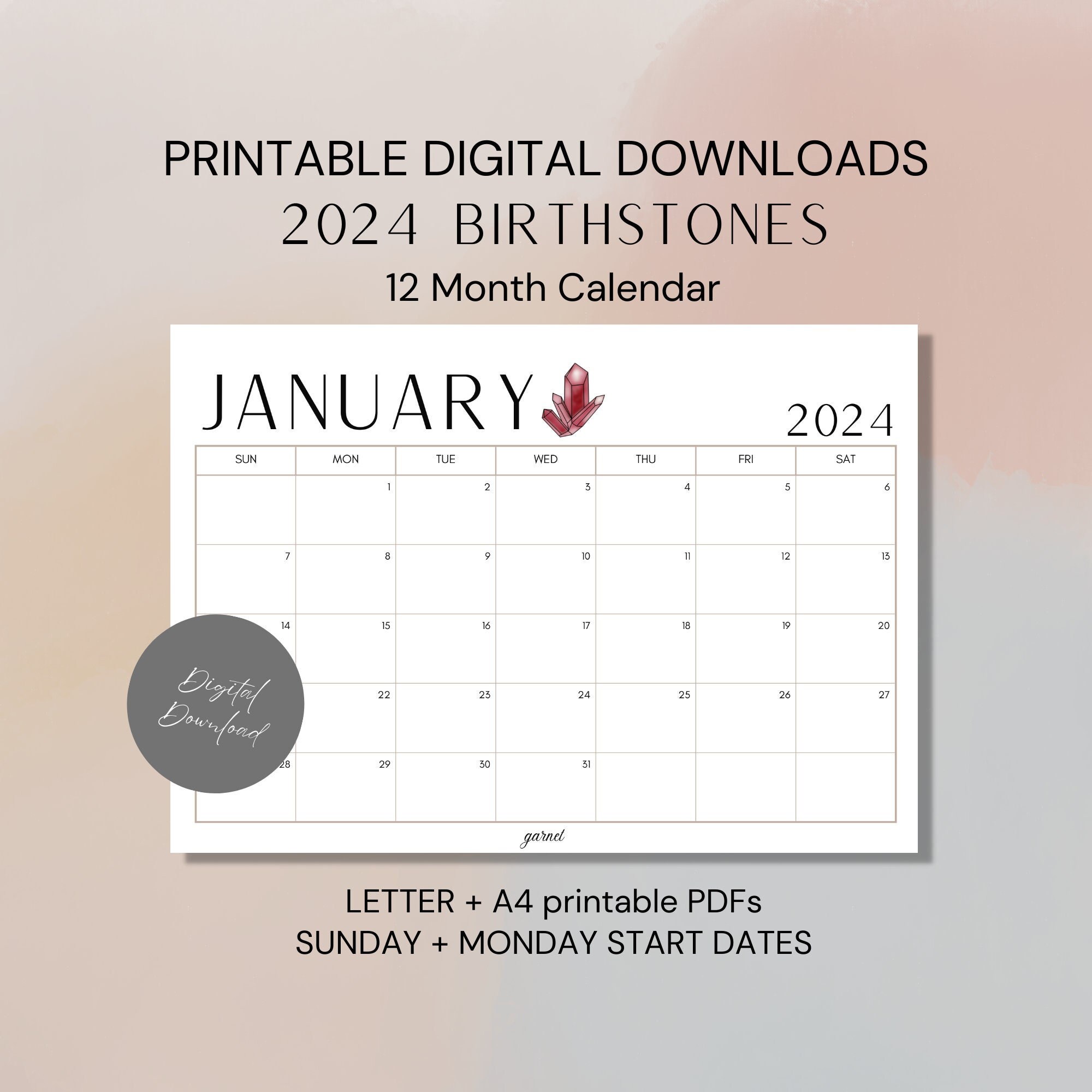 2024 Birthstone Calendar, Printable 2024 Calendar, Monthly Calendar