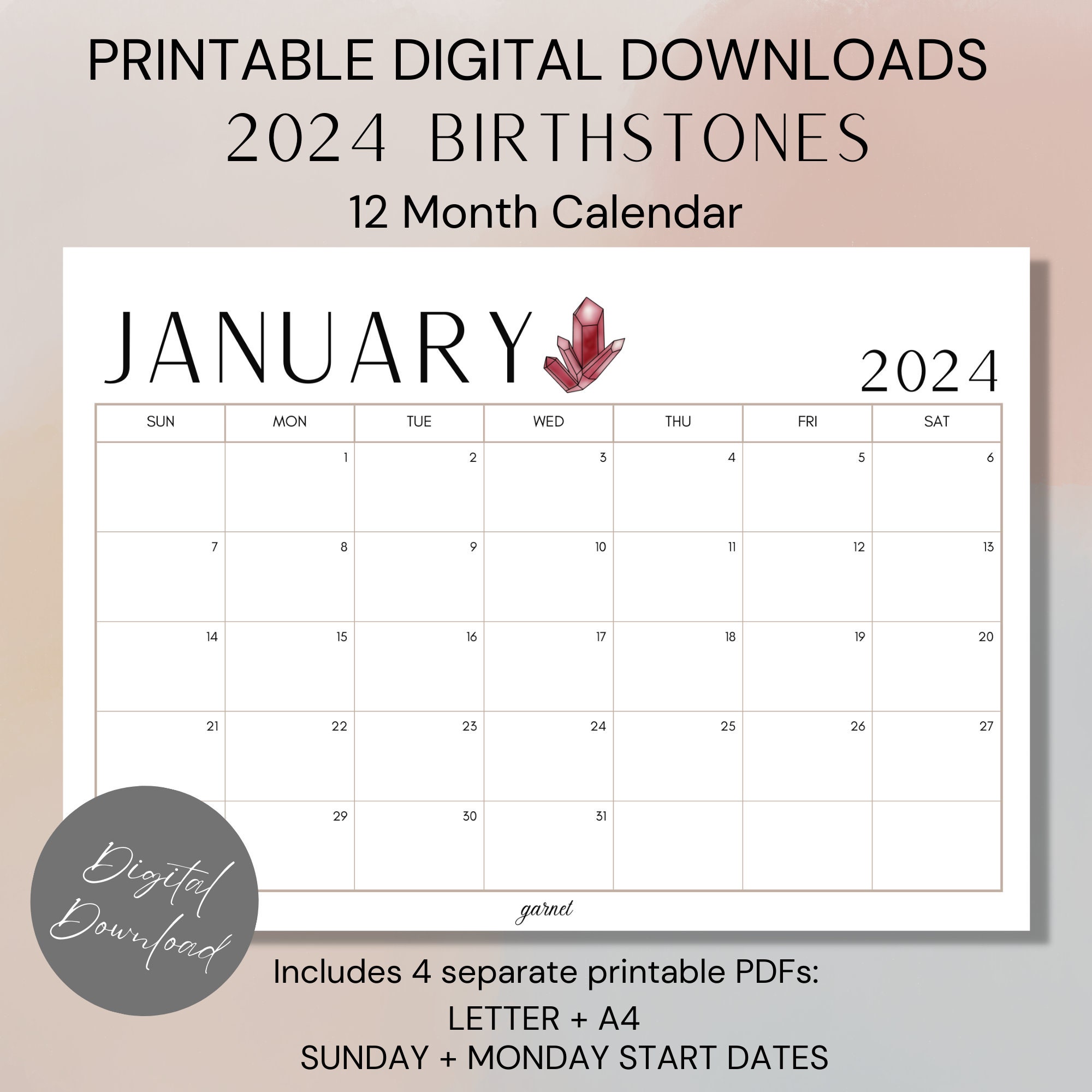 2024 Birthstone Calendar, Printable 2024 Calendar, Monthly Calendar