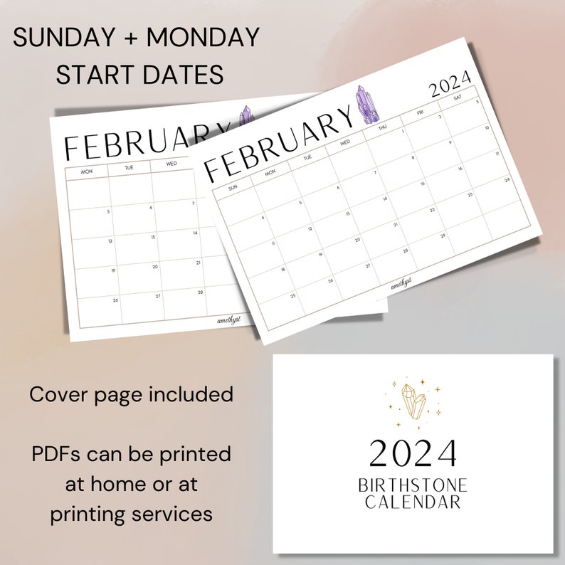 2024 Birthstone Calendar, Printable 2024 Calendar, Monthly Calendar