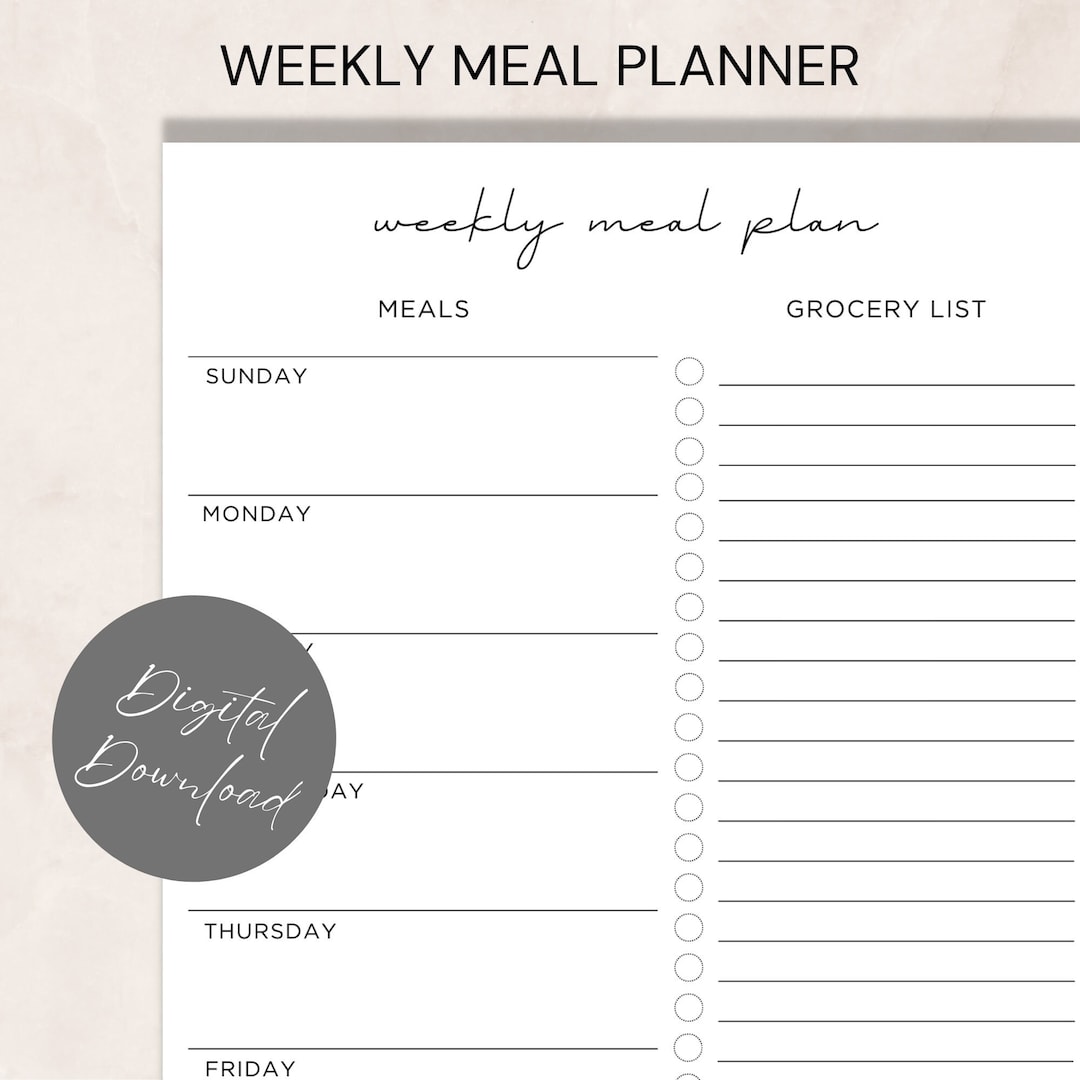 Weekly Meal Planner and Grocery List, Minimalist Printable Meal Plan - Etsy