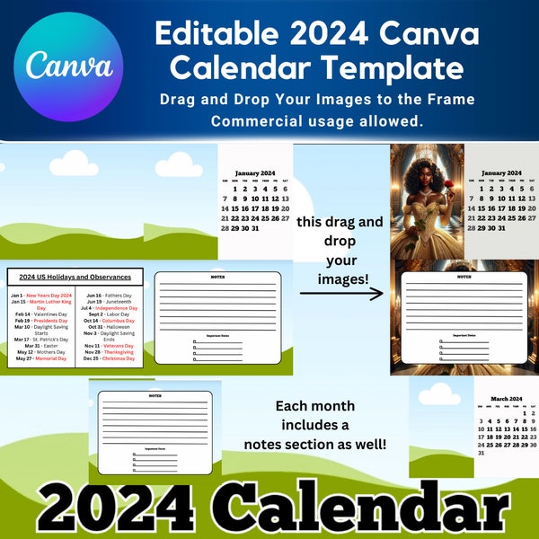 2024 Calendar, Editable Canva Template, Easy To Use, Personalize, Digital Download, Drag and Drop Design, Commercial Usage, 13 Free Images
