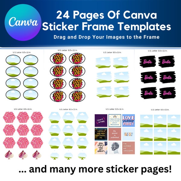 Canva Sticker Frame Templates, 24 Pages Drag and Drop Sticker Frames, Add Your Own Design, Digital Stickers, Printable Sticker Pages