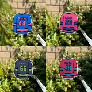 May include: Four hockey jersey stickers with different names and numbers. The jerseys are pink, blue, green, and black with white and blue stripes. The names are Graham 44, Logan 22, Di Laurentis 66, and Tucker 46.