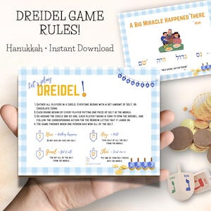 May include: A printable game card with instructions for playing a dreidel game. The card has a blue and white checkered background with a blue border. The card has a title that says "Let's play Dreidel!" and includes instructions for the game, including the rules for each side of the dreidel. The card also includes illustrations of the dreidel with each side labeled with the Hebrew letters.