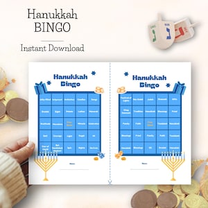 Hanukkah Bingo Game, Set of 16 Cards, Instant Download Printable PDF, Holiday Party, Family Game Night, Bingo For Kids and All Ages