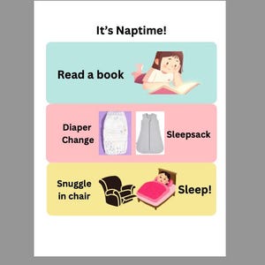 May include: A colorful infographic with the text "It's Naptime!" and illustrations. It includes a child reading a book, a diaper and sleep sack, and a child sleeping in a bed. The text includes "Read a book", "Diaper Change", "Sleepsack", "Snuggle in chair", and "Sleep!"