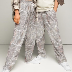 Gray Artistic Camo Design Wide Leg Pants: Relax Fit with Soft Lining & Pockets; Pattern from Handmade Artist Painting by 13Katydids™
