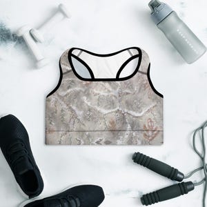 Gray Artistic Camo Design Sports Bra:  Moisture-Wicking, Racerback;  Pattern from Original Handmade Painting by 13Katydids™,  sizes XS - 2X