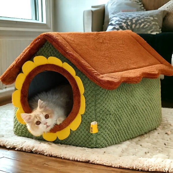 Sonnenblume Katzenhaus,süße Katzen- und Hundebett,Katzenhöhle,Katzenmöbel,Haustierbett,Katzenbett,große Katzenbett,Haustiermöbel,Wollkatzenhöhle,Bett für Katze