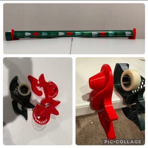 May include: A collage of images featuring a green and red wrapping paper roll with white, red, and green accents. Also shown are red and black tape dispensers, and a roll of tape.