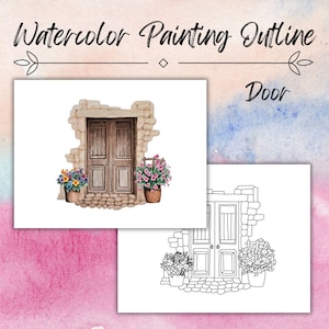 Dibujo del contorno de una puerta, plantilla para pintar o colorear, página para colorear con descarga digital, trazar y pintar