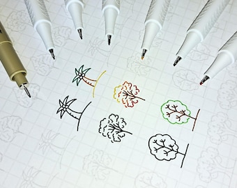 Hojas de práctica de doodle de árboles, aprende a dibujar árboles con plantillas de árboles, hojas de trabajo de arte digital imprimibles para trazar y colorear