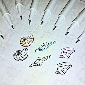 Può includere: Un set di pennarelli a punta fine bianchi con punte nere, disposti in cerchio attorno a un foglio di carta con disegni di conchiglie di vari colori. Le conchiglie sono disegnate in nero, arancione, blu, viola e turchese.