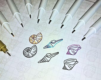 Hojas de práctica de dibujo de conchas, aprenda a dibujar conchas, plantillas de conchas, trazado y coloreado, hojas de trabajo de arte imprimibles digitales