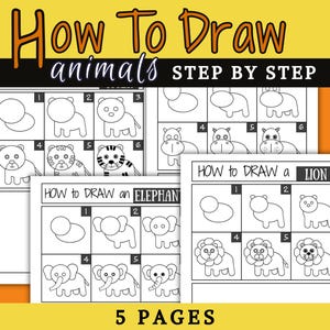 How To Draw Animals Tutorial for Kids. Step By Step Drawing Worksheets. Draw or Trace a Lion, Tiger, Hippo, or Elephant.