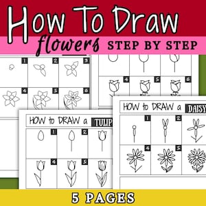 May include: Five black and white printable pages with step-by-step instructions on how to draw a tulip, a daisy, and other flowers. The text "How To Draw flowers step by step" is at the top of the page.