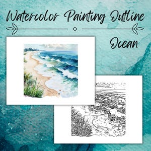 Overzichtstekening oceaan, sjabloon om te schilderen of in te kleuren, digitale download kleurplaat, overtrekken en schilderen