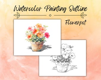May include: A watercolour painting of a flowerpot with pink and orange flowers. The image is accompanied by a black and white line drawing of the same flowerpot.