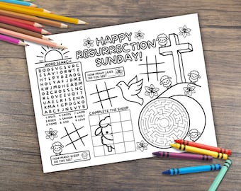 Easter Story Activity Placemat, Sunday School Resurrection Coloring Page, Jesus Is Risen, Holy Week Crafts, Bible Kids Activity