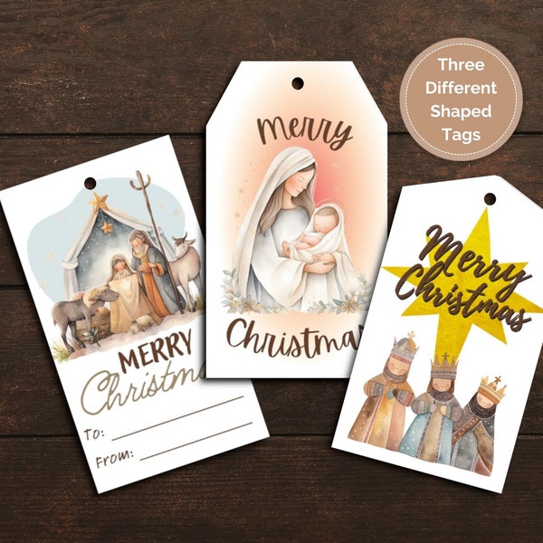 Merry Christmas Nativity Printable Gift Tag, Baby Jesus and Manger Scene Holiday Gift Tag