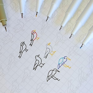 May include: A set of ten fine-tipped white markers with different colored ink tips. The markers are arranged in a row on a sheet of paper with a grid pattern. The paper has several simple line drawings of birds on it.