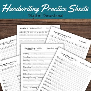 May include: A set of printable handwriting practice sheets for kids. The sheets include practice for writing numbers, letters, days of the week, and months of the year.