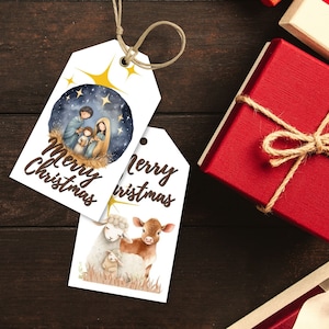 Merry Christmas Nativity Printable Gift Tags, Baby Jesus and Manger Scene Holiday Gift Tags
