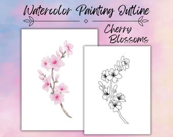 Kirschblüte Umrisszeichnung, Vorlage zum Bemalen oder Ausmalen, digitaler Download Malseite