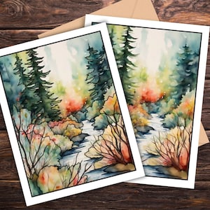 May include: Two watercolor paintings of a forest scene with a stream running through it. The paintings feature a variety of trees, including evergreens and deciduous trees, as well as a variety of colors, including green, blue, yellow, and red.