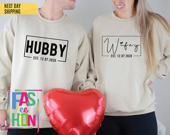 Custom Wifey and Hubby Sweatshirt, Custom Couple Hoodie, Honeymoon Sweater, Personalized Wedding Gift for Couple, Customized Engagement Gift