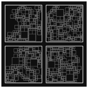 May include: Four black and white images of a geometric pattern made up of squares within squares.