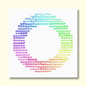 May include: A rainbow colored circle made of small, repeating, stylized swirls. The swirls are arranged in a circular pattern, creating a gradient effect.