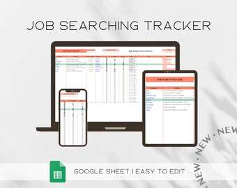 May include: A job search tracker spreadsheet template displayed on a laptop, tablet, and smartphone. The template is designed to help users track their job applications, including company name, position, application date, and status. The template is labeled "Job Search Tracker" and is described as a Google Sheet that is easy to edit.