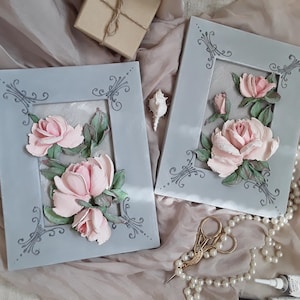 Set of two paintings with roses Rose plaster painting, 3d flower art, 3d floral wall art, Sculpture painting Handmade painting Coral roses