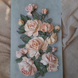 Painting with tea roses on gray, plaster panel with 3D roses, 3D painting with flowers, yellow roses, handwork, plaster wall decor