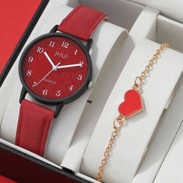 Belle montre rouge vif avec bracelet coeur