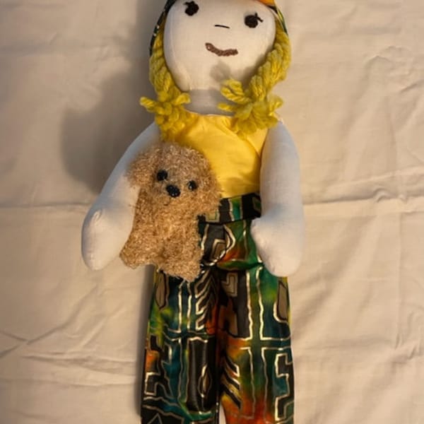 Muslin 18 inch cloth rag doll 18 inch Fabric Doll Girl Doll Biracial Doll Brown Doll Beige Doll Black Doll Stuffed Doll with pet MARIA