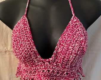 Handmade Crochet Cotton Bikini Halter Top with Fringes