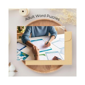 May include: Two people are working on word search puzzles at a table. The puzzles are printed on blue paper with white letters. The table is covered in a white tablecloth. The text on the puzzles reads "Word Search Puzzles".