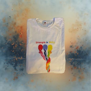 May include: White t-shirt with the text "Strength in Unity" in rainbow colors. The shirt features a graphic of three stylized heads in red, purple, and yellow, intertwined with a rainbow braid.