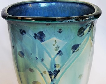 Large Vintage Bill Campbell Handmade Pottery Blue Flambeaux Crystalline Vase